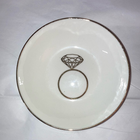 Other - MCM style 4" ceramic ring dish plate, gold rim and gold diamond ring graphic